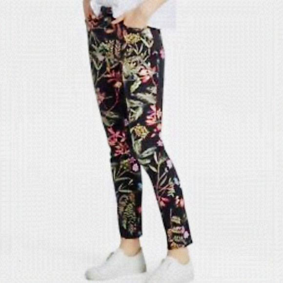 FRENCH CONNECTION Black 2 Prints Floral Midrise Tapered Leg 5 Pocket Jeans Sz 10 - Picture 1 of 8